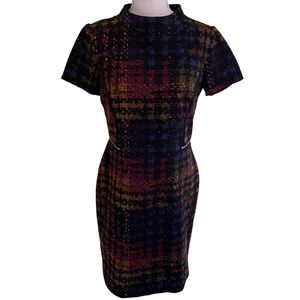 Tahari ASL Mock Neck Short Sleeve Black Multi Color Plaid Sheath Dress 6
